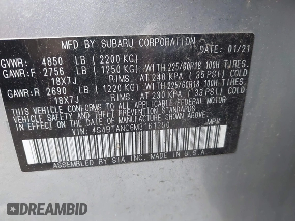 2021 Subaru Outback Limited с VIN 4S4BTANC6M3161350, выставлен на аукционе IAAI как лот 42198372 с пробегом 64 278 миль миль и . История ставок и продаж доступна на DreamBid. Изображение 9.