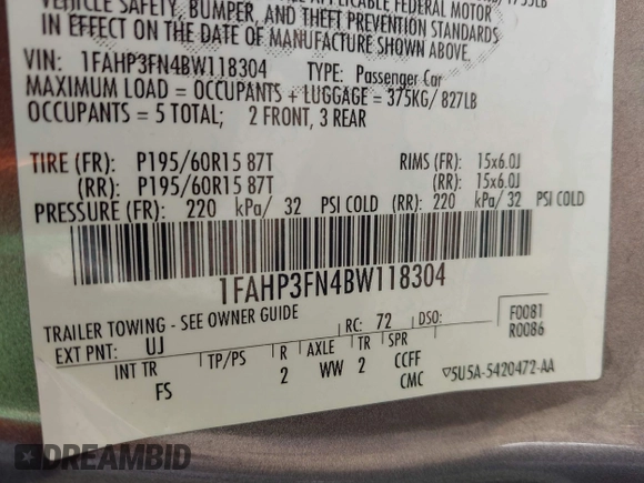 2011 Ford Focus SE with VIN 1FAHP3FN4BW118304, listed as a IAAI auction lot 42031650 with 60,031 mi miles and . Bid and sale history available at DreamBid. Image 9.