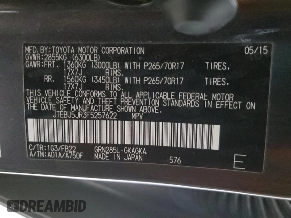 2015 Toyota 4Runner Limited with VIN JTEBU5JR3F5257622, listed as a Copart auction lot 50703295 with 81,434 mi miles and Salvage Title. Bid and sale history available at DreamBid. Image 16.