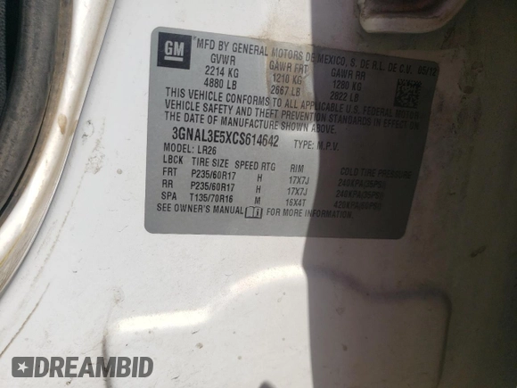 2012 Chevrolet Captiva Sport LT with VIN 3GNAL3E5XCS614642, listed as a Copart auction lot 68887834 with 340,670 mi miles and Clean Title. Bid and sale history available at DreamBid. Image 13.