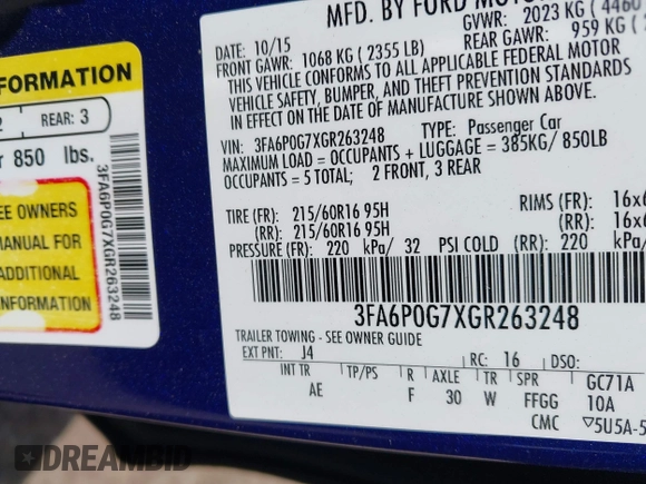2016 Ford Fusion S z VIN 3FA6P0G7XGR263248, wystawiony jako IAAI lot #42020410 z przebiegiem 167 430 mil mil oraz . Historia ofert i sprzedaży dostępna na DreamBid. Obrazek 9.