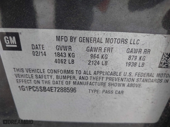 2014 Chevrolet Cruze 1LT with VIN 1G1PC5SB4E7288596, listed as a IAAI auction lot 42047744 with 1 mi miles. Bid and sale history available at carsss.com. Image 9.