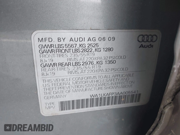 2010 Audi Q5 Premium Plus с VIN WA1LKAFP3AA005541, выставлен на аукционе IAAI как лот 42382512 с пробегом 148 331 миль миль и . История ставок и продаж доступна на DreamBid. Изображение 9.