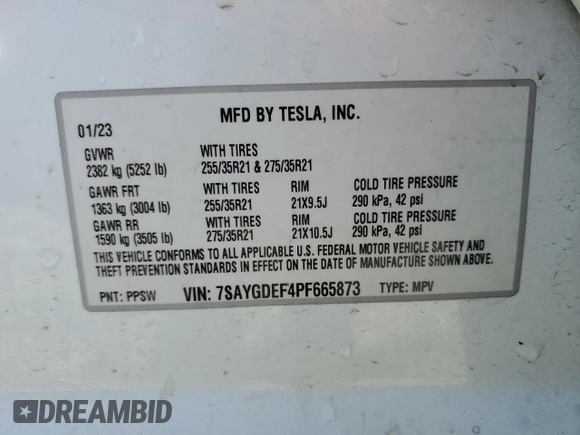 2023 Tesla Model Y Performance with VIN 7SAYGDEF4PF665873, listed as a Copart auction lot 49620705 with 39,239 mi miles and Salvage Title. Bid and sale history available at DreamBid. Image 13.