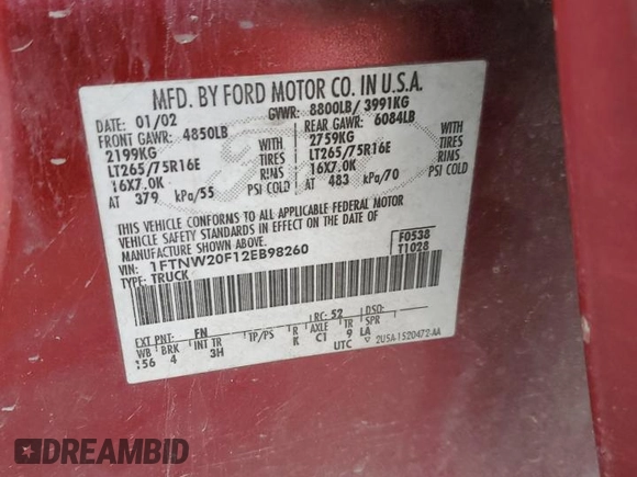 2002 Ford F-250 XL with VIN 1FTNW20F12EB98260, listed as a Copart auction lot 88108545 with 366,427 mi miles and Salvage Title. Bid and sale history available at DreamBid. Image 12.