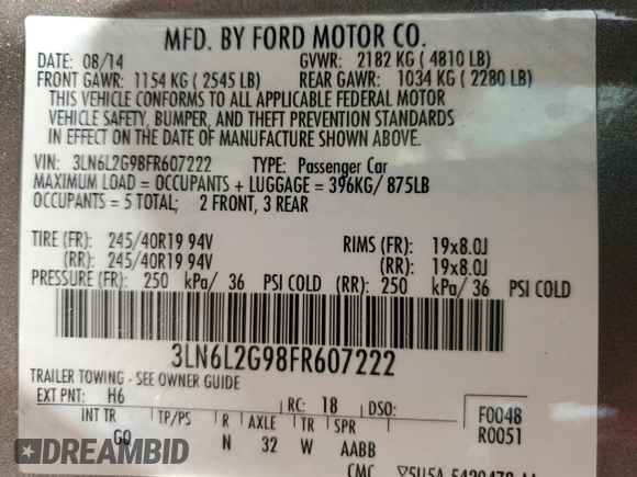 2015 Lincoln MKZ with VIN 3LN6L2G98FR607222, listed as a Copart auction lot 62367295 with 163,207 mi miles and Clean title. Bid and sale history available at DreamBid. Image 12.