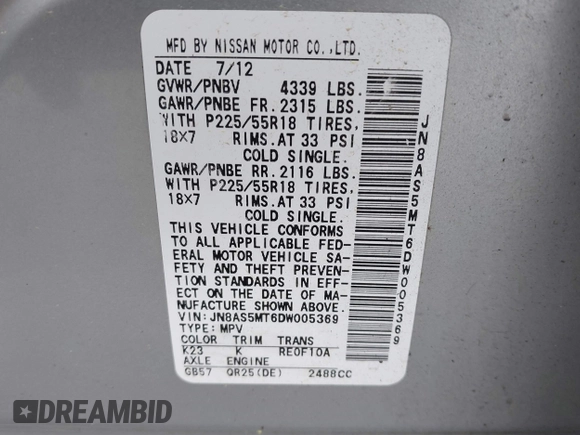 2013 Nissan Rogue S with VIN JN8AS5MT6DW005369, listed as a IAAI auction lot 42032295 with 133,217 mi miles and . Bid and sale history available at DreamBid. Image 9.