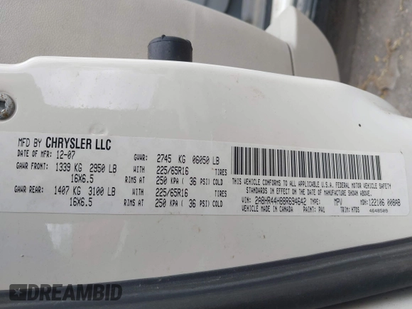 2008 Chrysler Town & Country LX with VIN 2A8HR44H88R694642, listed as a IAAI auction lot 42039492 with 210,249 mi miles and . Bid and sale history available at DreamBid. Image 9.