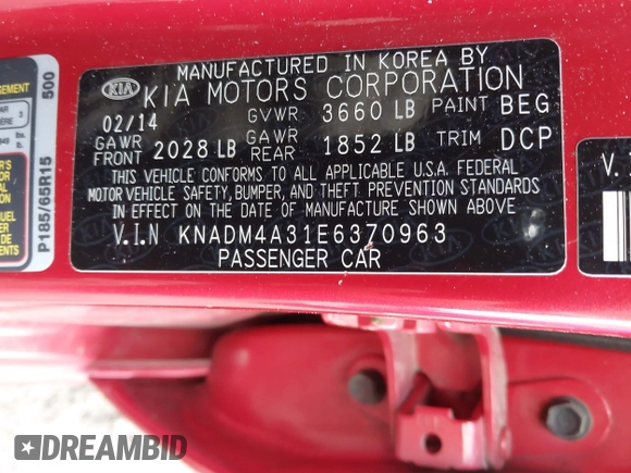 2014 Kia Rio LX with VIN KNADM4A31E6370963, listed as a IAAI auction lot 41720980 with 112,551 mi miles and . Bid and sale history available at DreamBid. Image 9.