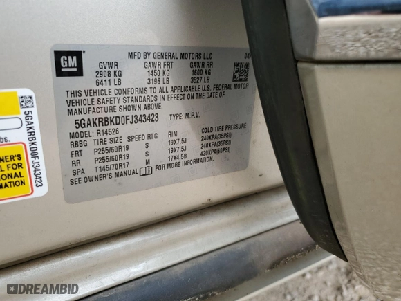 2015 Buick Enclave Leather with VIN 5GAKRBKD0FJ343423, listed as a Copart auction lot 51058955 with 78,488 mi miles and Salvage Title. Bid and sale history available at carsss.com. Image 13.