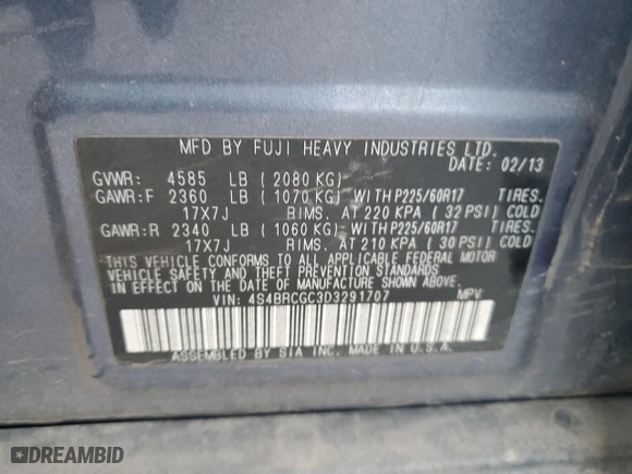 2013 Subaru Outback 2.5i Premium with VIN 4S4BRCGC3D3291707, listed as a Copart auction lot 42055315 with 172,095 mi miles and Salvage Title. Bid and sale history available at carsss.com. Image 13.