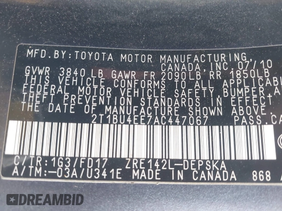 2010 Toyota Corolla with VIN 2T1BU4EE7AC447067, listed as a IAAI auction lot 42077793 with 158,093 mi miles. Bid and sale history available at carsss.com. Image 8.