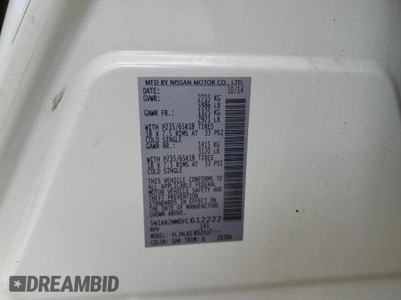 2015 Nissan Pathfinder SL with VIN 5N1AR2MM0FC612222, listed as a Copart auction lot 65396525 with 178,787 mi miles and Clean title. Bid and sale history available at DreamBid. Image 13.