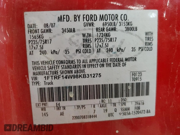 2008 Ford F-150 XL z VIN 1FTRF14W98KB31275, wystawiony jako Copart lot #65030705 z przebiegiem 170 706 mil mil oraz Czysty tytuł • Clean title. Historia ofert i sprzedaży dostępna na DreamBid. Obrazek 12.