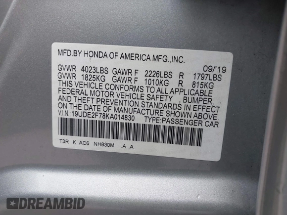 2019 Acura ILX w/Premium Pkg with VIN 19UDE2F78KA014830, listed as a IAAI auction lot 38611591 with 70,944 mi miles. Bid and sale history available at carsss.com. Image 9.