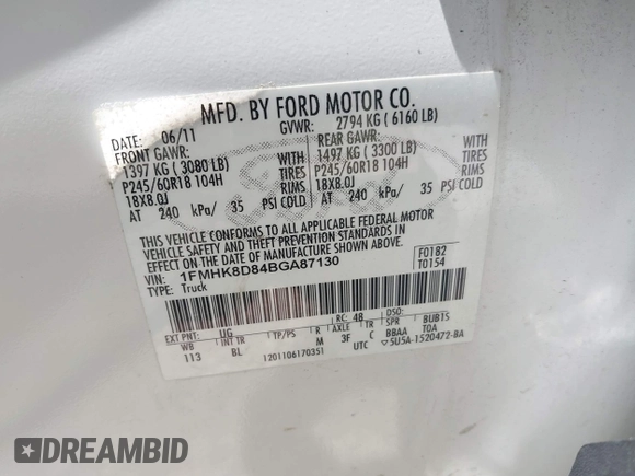2011 Ford Explorer XLT с VIN 1FMHK8D84BGA87130, выставлен на аукционе IAAI как лот 42823296 с пробегом 228 505 миль миль и . История ставок и продаж доступна на DreamBid. Изображение 9.