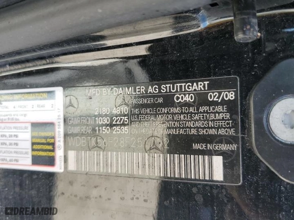 2008 Mercedes-Benz CLK-Class 3.5L with VIN WDBTK56F28F251092, listed as a Copart auction lot 75079744 with 0 mi miles and Salvage Title. Bid and sale history available at carsss.com. Image 12.