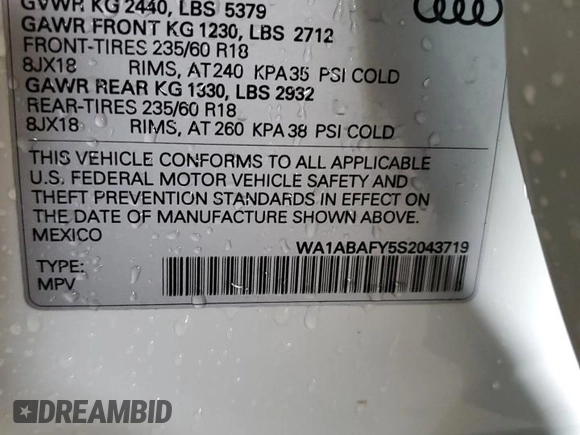 2025 Audi Q5 Premium with VIN WA1ABAFY5S2043719, listed as a Copart auction lot 57621145 with Not provided miles and Salvage title. Bid and sale history available at DreamBid. Image 13.