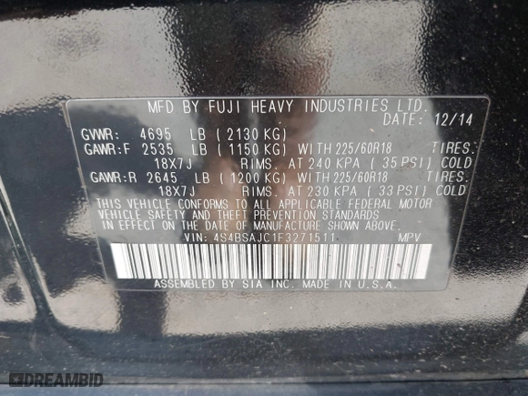 2015 Subaru Outback 2.5i Limited with VIN 4S4BSAJC1F3271511, listed as a IAAI auction lot 42087304 with 167,215 mi miles. Bid and sale history available at carsss.com. Image 9.