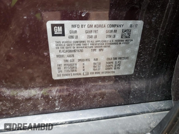 2017 Buick Encore Preferred with VIN KL4CJASB6HB216783, listed as a Copart auction lot 50818625 with 117,366 mi miles and Salvage title. Bid and sale history available at DreamBid. Image 13.