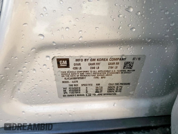 2015 Buick Encore with VIN KL4CJASB6FB250817, listed as a Copart auction lot 45163195 with 106,878 mi miles and Clean Title. Bid and sale history available at carsss.com. Image 13.