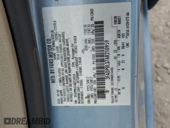 2010 Ford Fusion Hybrid with VIN 3FADP0L37AR210959, listed as a Copart auction lot 61081625 with 138,910 mi miles and Salvage title. Bid and sale history available at DreamBid. Image 12.