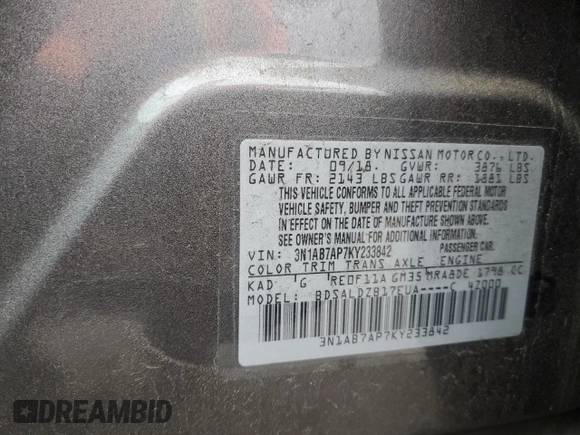 2019 Nissan Sentra S with VIN 3N1AB7AP7KY233842, listed as a Copart auction lot 50084135 with 77,600 mi miles and Salvage Title. Bid and sale history available at carsss.com. Image 12.