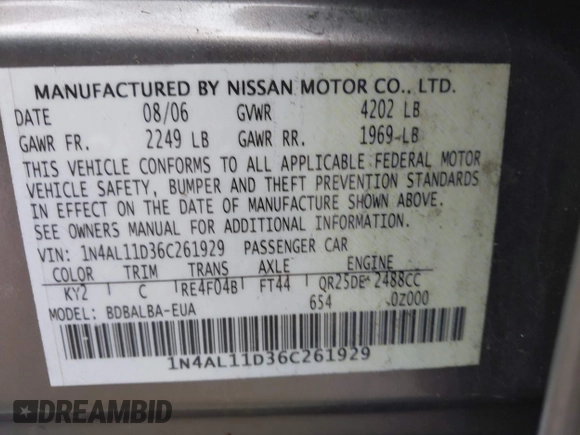 2006 Nissan Altima S with VIN 1N4AL11D36C261929, listed as a IAAI auction lot 42357971 with 173,965 mi miles and . Bid and sale history available at DreamBid. Image 9.