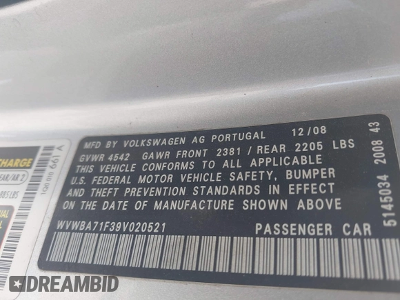 2009 Volkswagen Eos Komfort with VIN WVWBA71F39V020521, listed as a IAAI auction lot 42004648 with 50,885 mi miles and . Bid and sale history available at DreamBid. Image 9.