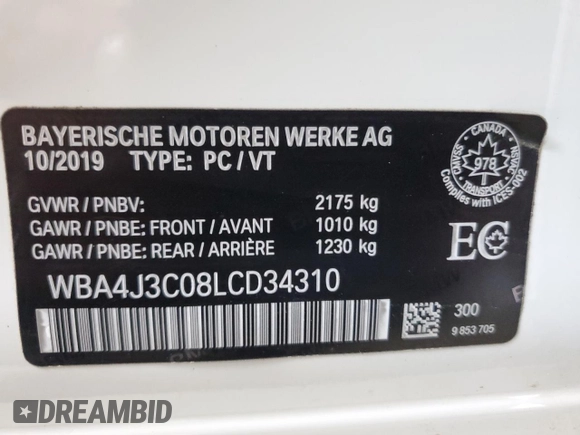 2020 BMW 4 Series 430i xDrive with VIN WBA4J3C08LCD34310, listed as a Copart auction lot 61944205 with 96,346 mi miles and Clean title. Bid and sale history available at DreamBid. Image 12.