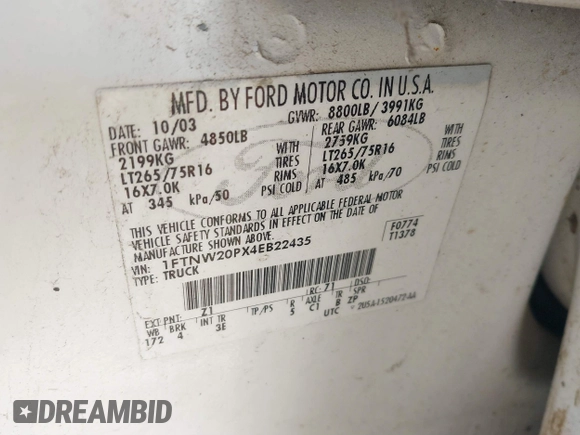 2004 Ford F-250 XL z VIN 1FTNW20PX4EB22435, wystawiony jako IAAI lot #41727810 z przebiegiem 199 800 mil mil oraz . Historia ofert i sprzedaży dostępna na DreamBid. Obrazek 9.
