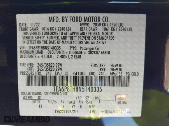 2022 Ford Mustang EcoBoost with VIN 1FA6P8TH8N5140335, listed as a IAAI auction lot 41777549 with 9,722 mi miles and . Bid and sale history available at DreamBid. Image 9.