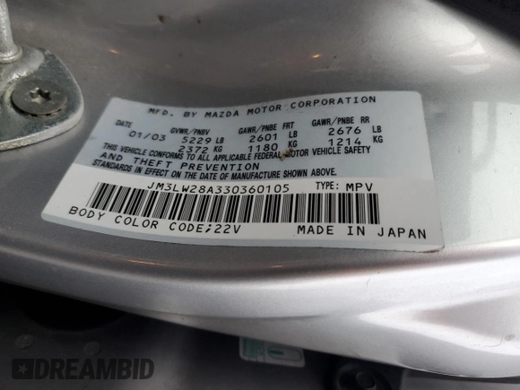 2003 Mazda MPV LX with VIN JM3LW28A330360105, listed as a Copart auction lot 85750964 with 182,129 mi miles and Salvage Title. Bid and sale history available at carsss.com. Image 13.