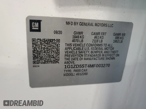 2021 Chevrolet Malibu LT with VIN 1G1ZD5ST4MF003270, listed as a Copart auction lot 54102205 with 14,749 mi miles and Salvage Title. Bid and sale history available at DreamBid. Image 12.