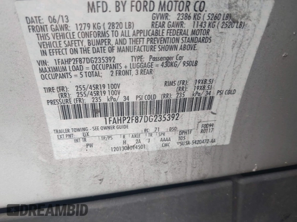 2013 Ford Taurus Limited with VIN 1FAHP2F87DG235392, listed as a IAAI auction lot 42700160 with 123,904 mi miles and . Bid and sale history available at DreamBid. Image 9.