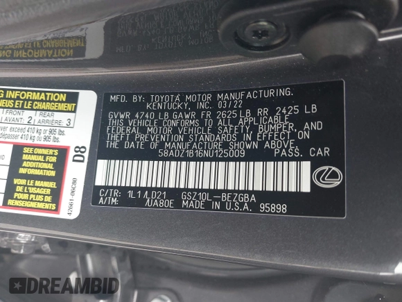 2022 Lexus ES 350 with VIN 58ADZ1B16NU125009, listed as a IAAI auction lot 42483683 with 14,082 mi miles and . Bid and sale history available at DreamBid. Image 9.