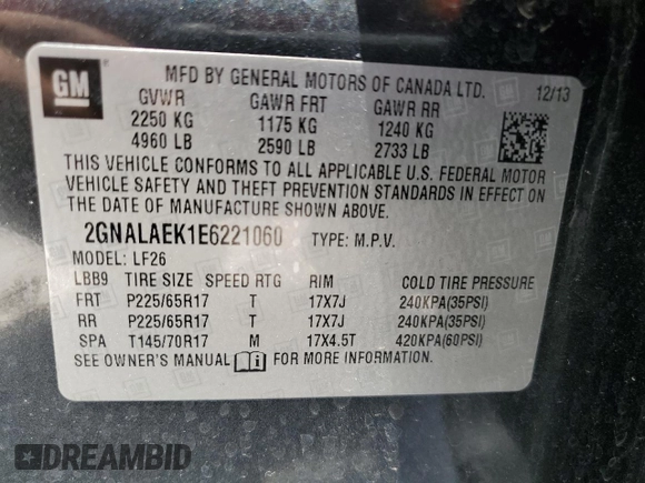 2014 Chevrolet Equinox LS with VIN 2GNALAEK1E6221060, listed as a Copart auction lot 53641205 with 98,316 mi miles and Salvage Title. Bid and sale history available at carsss.com. Image 14.