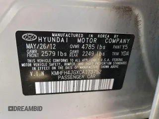 2012 Hyundai Azera z VIN KMHFH4JGXCA173752, wystawiony jako Copart lot #54708955 z przebiegiem 177 711 mil mil oraz Czysty tytuł • Clean title. Historia ofert i sprzedaży dostępna na DreamBid. Obrazek 12.