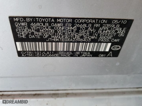 2010 Lexus ES 350 with VIN JTHBK1EGXA2398403, listed as a Copart auction lot 48256235 with NaN miles and Clean Title. Bid and sale history available at carsss.com. Image 12.