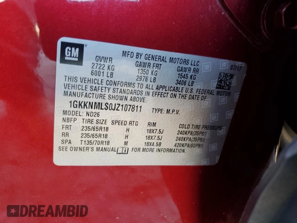 2018 GMC Acadia SLT with VIN 1GKKNMLS0JZ107811, listed as a Copart auction lot 72586874 with Not provided miles and Non repairable. Bid and sale history available at DreamBid. Image 12.