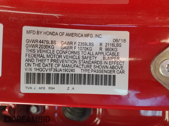 2018 Honda Accord Sedan Sport 1.5T with VIN 1HGCV1F39JA190240, listed as a Copart auction lot 46372735 with 148,929 mi miles and Salvage Title. Bid and sale history available at carsss.com. Image 12.