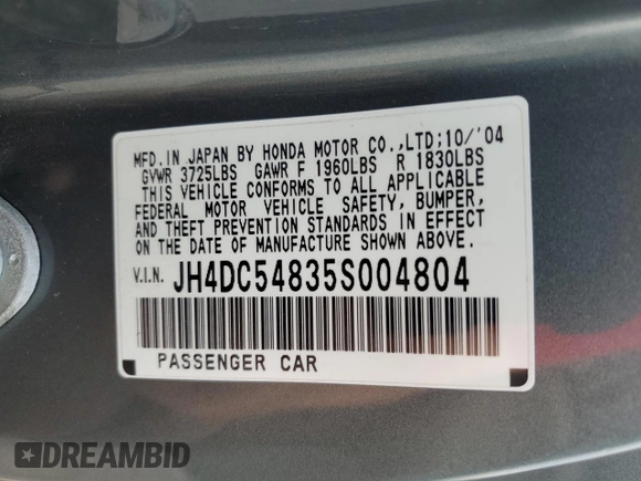 2005 Acura RSX with VIN JH4DC54835S004804, listed as a Copart auction lot 80336334 with 242,736 mi miles and Salvage Title. Bid and sale history available at carsss.com. Image 13.