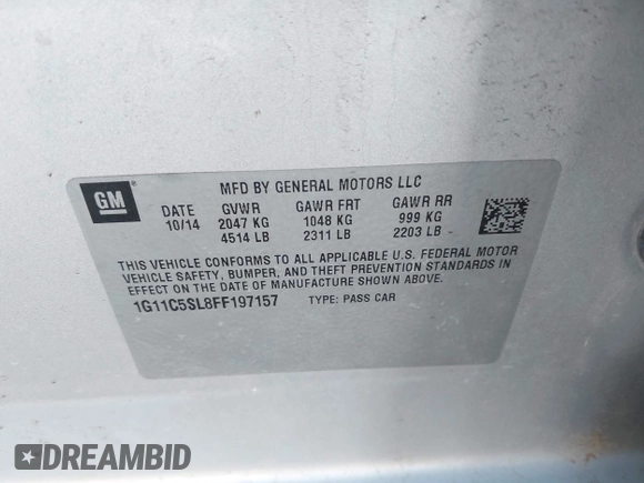2015 Chevrolet Malibu LT with VIN 1G11C5SL8FF197157, listed as a IAAI auction lot 42082276 with 150,402 mi miles and . Bid and sale history available at DreamBid. Image 9.
