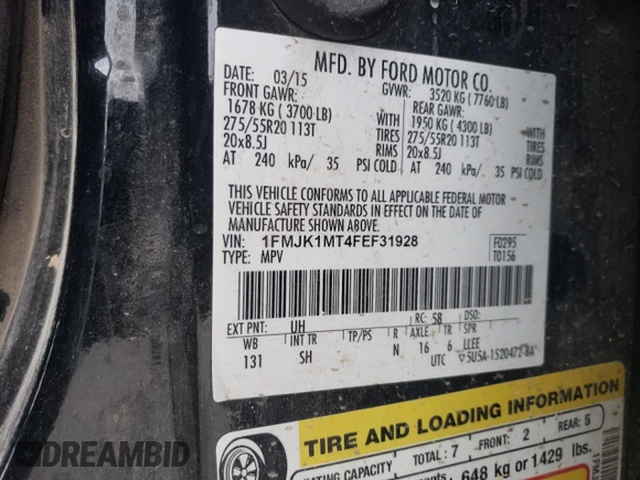 2015 Ford Expedition Max Platinum z VIN 1FMJK1MT4FEF31928, wystawiony jako Copart lot #76301634 z przebiegiem 193 529 mil mil oraz Szkoda całkowita • Salvage title. Historia ofert i sprzedaży dostępna na DreamBid. Obrazek 15.