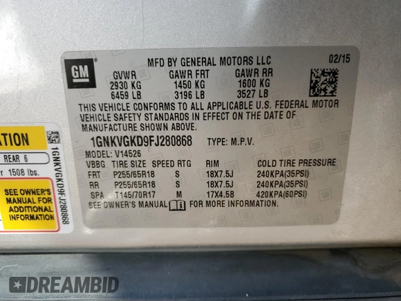 2015 Chevrolet Traverse LT with VIN 1GNKVGKD9FJ280868, listed as a Copart auction lot 49702625 with 127,728 mi miles and Salvage Title. Bid and sale history available at DreamBid. Image 13.