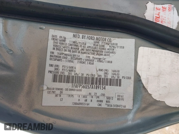 2007 Ford Taurus SEL with VIN 1FAFP56U57A189154, listed as a IAAI auction lot 41896798 with 199,616 mi miles and . Bid and sale history available at DreamBid. Image 9.