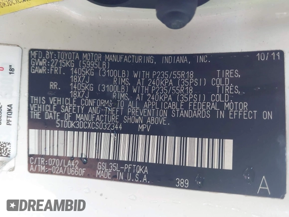 2012 Toyota Sienna XLE with VIN 5TDDK3DCXCS032344, listed as a IAAI auction lot 41205400 with 105,274 mi miles. Bid and sale history available at carsss.com. Image 9.