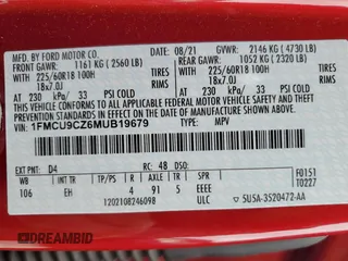 2021 Ford Escape SEL Hybrid with VIN 1FMCU9CZ6MUB19679, listed as a Copart auction lot 53336115 with Not provided miles and Clean title. Bid and sale history available at DreamBid. Image 13.