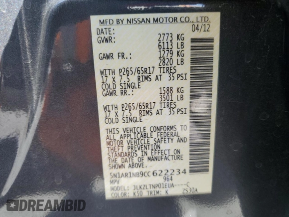 2012 Nissan Pathfinder Silver Edition with VIN 5N1AR1NB9CC622234, listed as a Copart auction lot 61858845 with 103,111 mi miles and Salvage title. Bid and sale history available at DreamBid. Image 13.