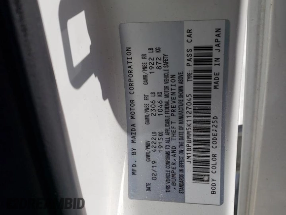 2019 Mazda Mazda3 Hatchback w/Preferred Pkg with VIN JM1BPBMM5K1127045, listed as a Copart auction lot 41734943 with 82,772 mi miles. Bid and sale history available at carsss.com. Image 14.